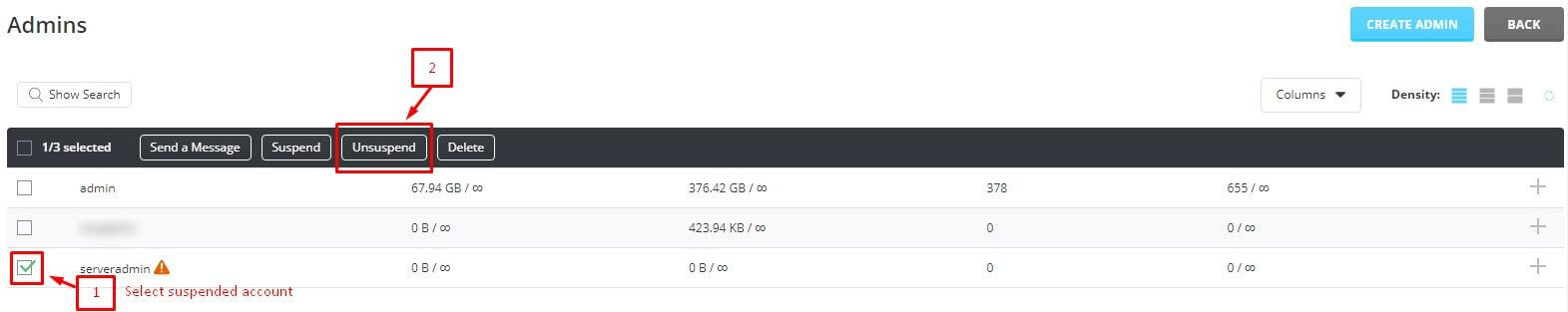 Screenshot: Log in as Admin and open the Admin accounts list.