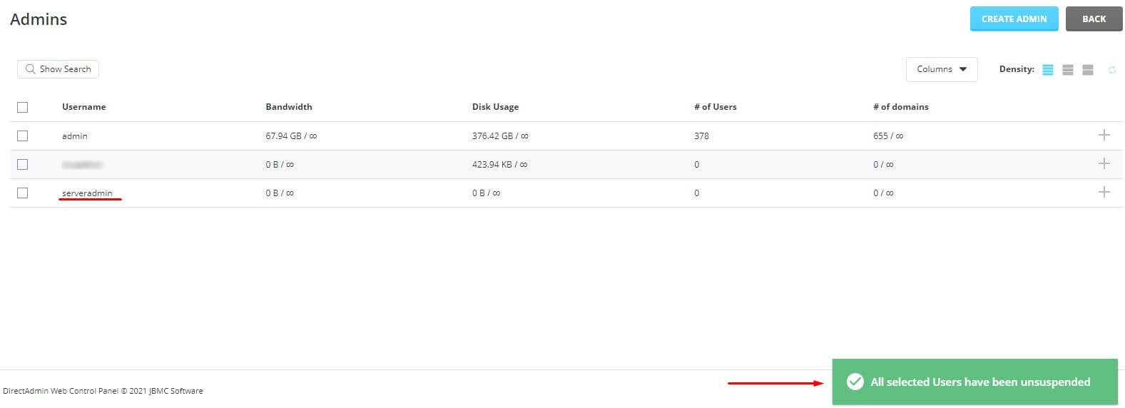 Screenshot: Tick the account and click Suspend or Unsuspend .