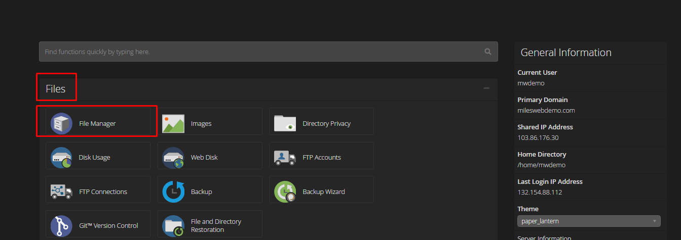 Screenshot: Log in to cPanel. The link and details are in your welcome email. You can also start from