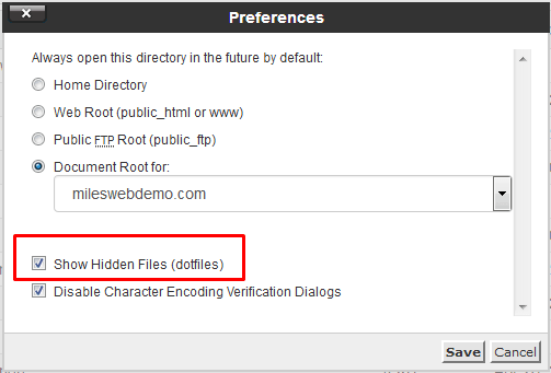Screenshot: Tick Show Hidden Files (dotfiles) .