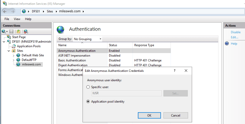 Screenshot: Turn off directory browsing. In IIS Manager, open Directory Browsing for your site and cli