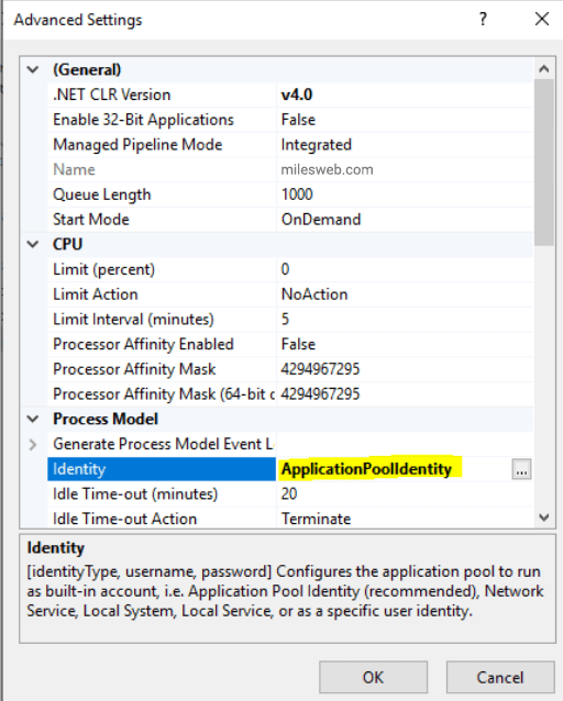 Screenshot: Use separate application pools. An application pool is a private workspace for a site. Giv