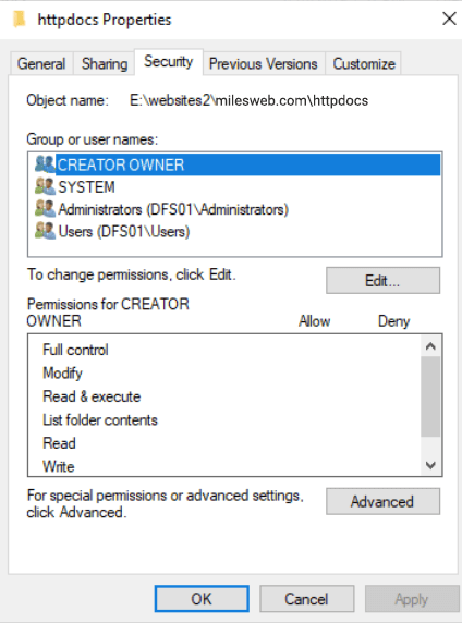 Screenshot: Limit file permissions. Give the pool identity only the rights it needs. Allow write acces