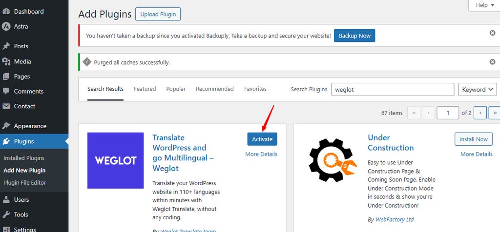 Activating the Weglot plugin