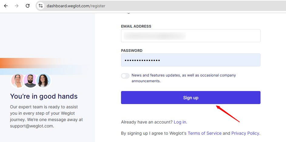 Signing up for Weglot