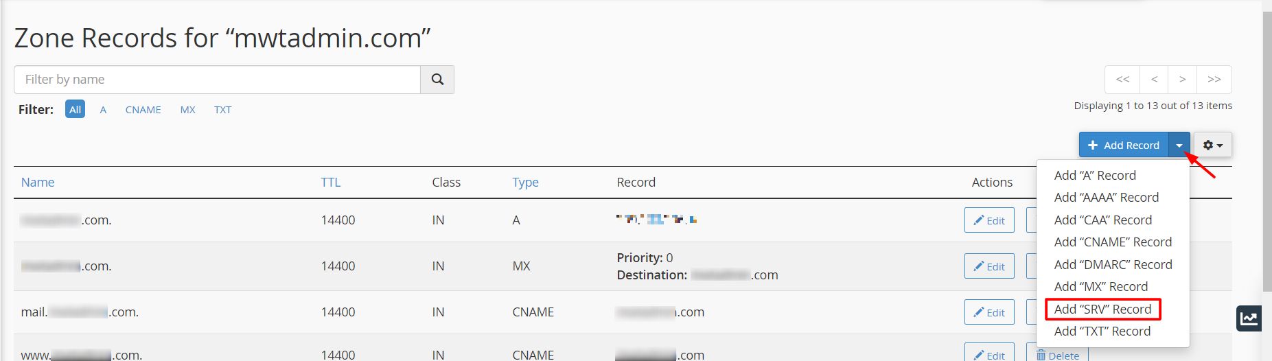 Screenshot: Click Add Record and choose Add SRV Record .