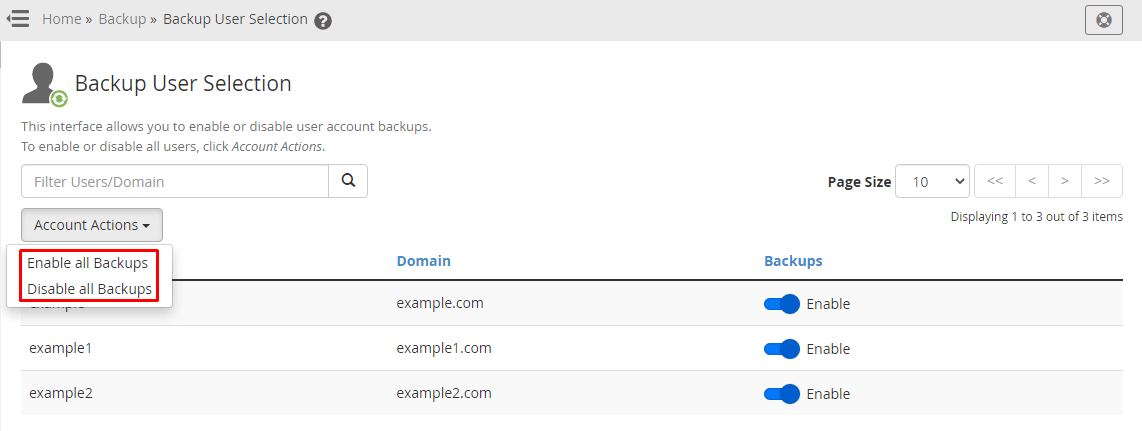 Screenshot: Click Backup User Selection .